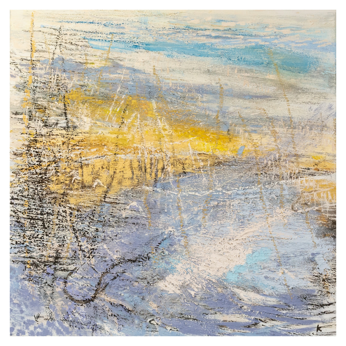 Oil on canvas artwork depicting an abstract, impressionist landscape made with heavily textured oil paint brushstrokes. The painting is made up of yellow, blue and purple hues