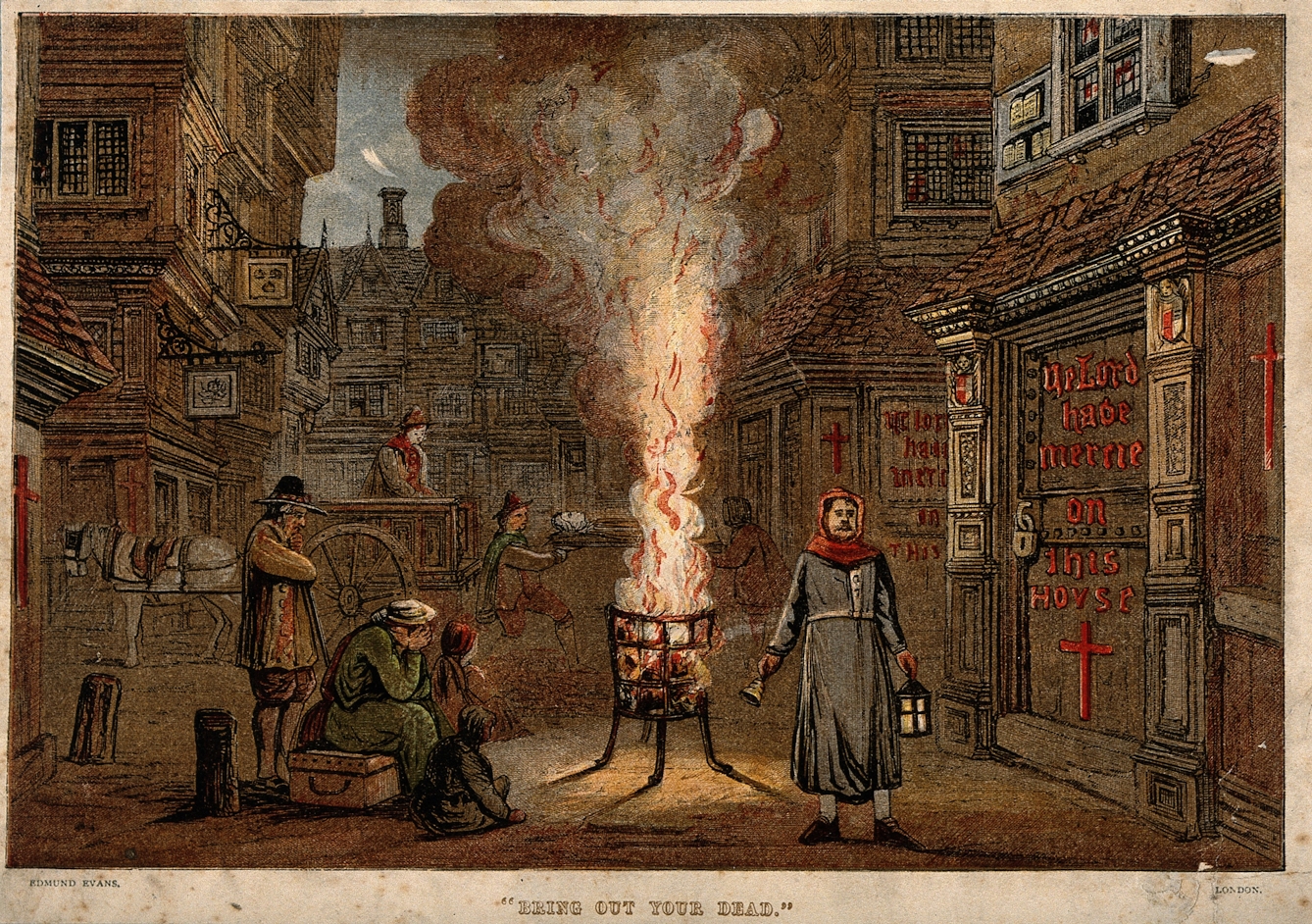 A street during the Great Plague in London, 1665, with a death cart, red cross on a door, fire pit, and mourners.