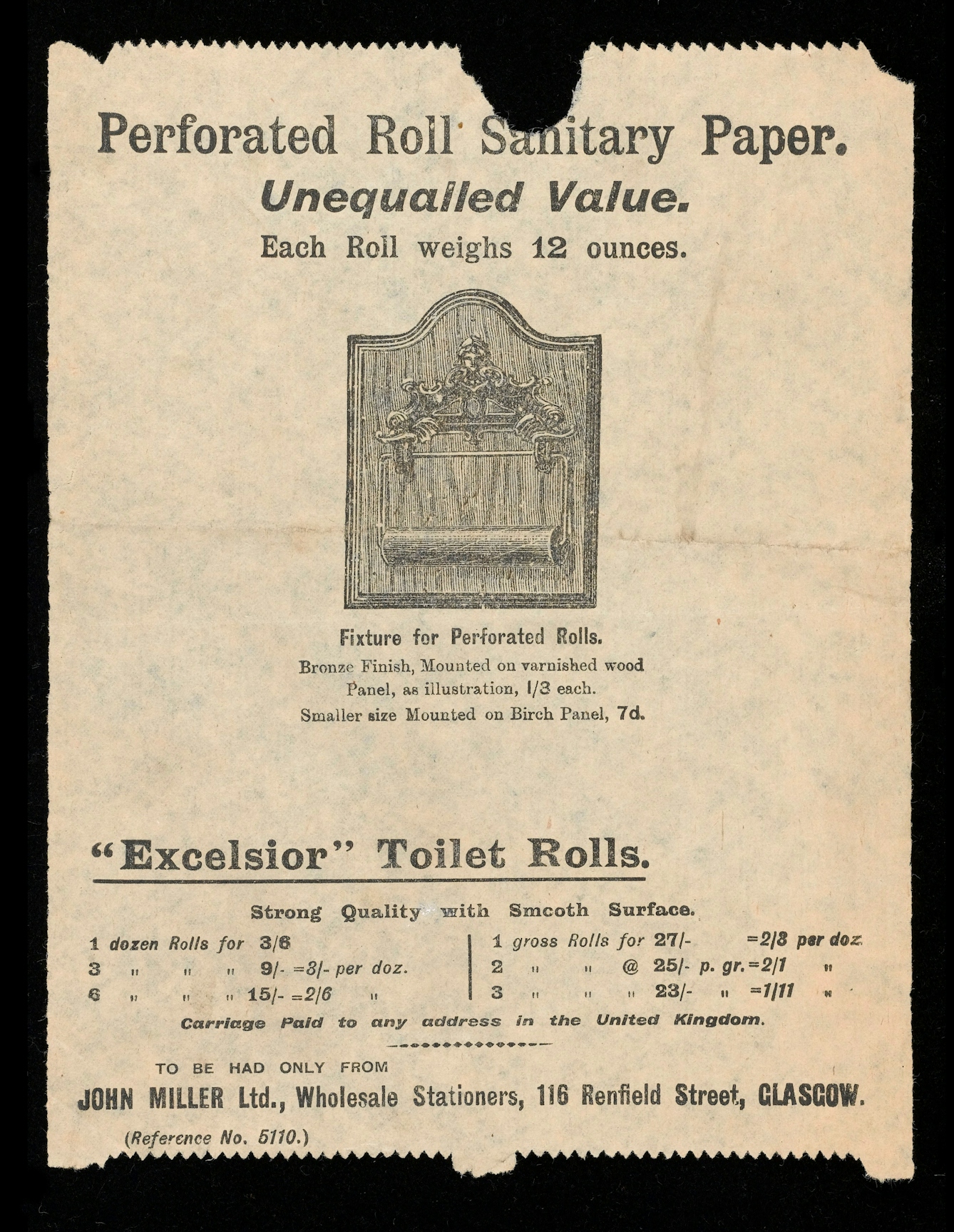 Photograph of a toilet paper sample sheet, bearing the title "Perforated Roll Sanitary Paper. Unequalled Value" and showing an image of a fixture to hold rolls.