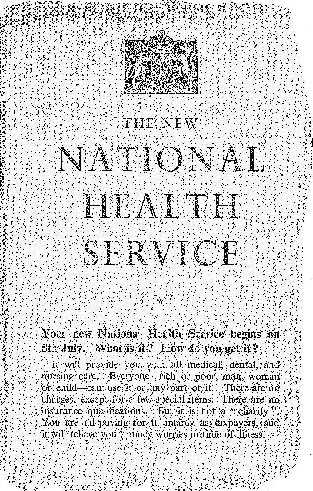 Leaflet with British crest at the top titled "The New National Health Service", which says that it will answer questions such as "What is it? How do you get it?"