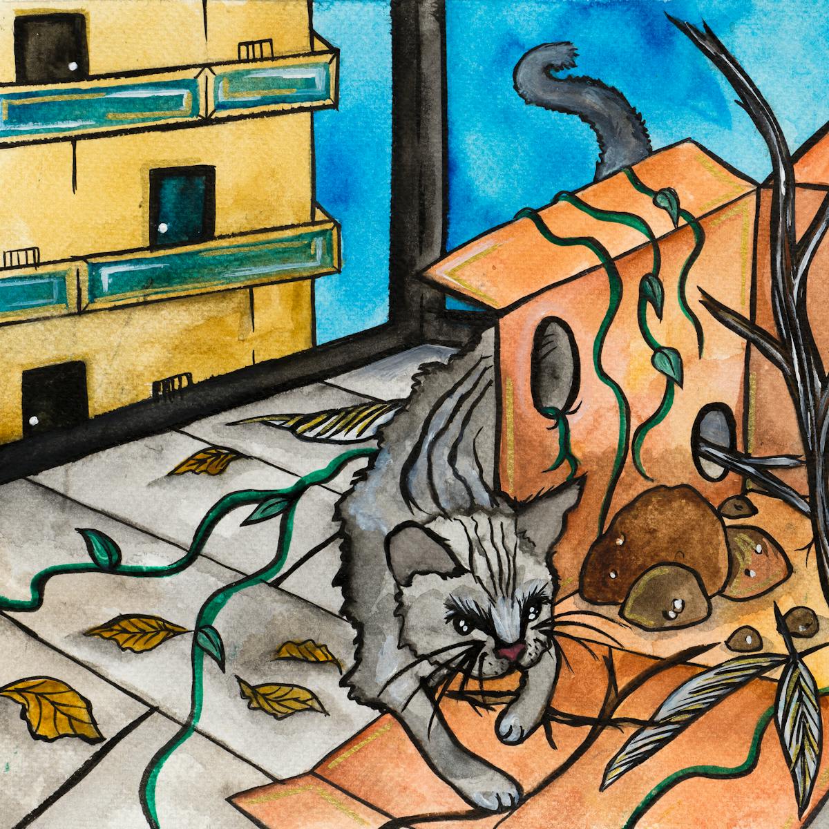 Colourful artwork. The artwork shows a flatpack box which is open on the front facing side, with several holes in it, on a tiled foor. There are tree branches and vines growing up through the box and leaves covering the floor. A grey cat is curled around the box with it's tail curling above the box. A brown cat's head can be seen on the right side of the frame bending towards a vine. In the background of the artwork, there are two yellow multi-story housing blocks with green doors and balconies. 