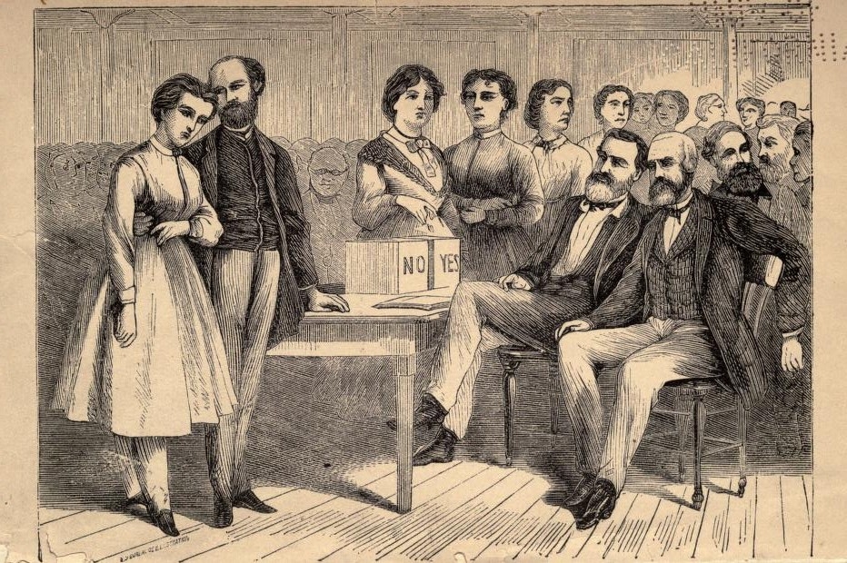 Black and white illustration of a group of men and women voting.