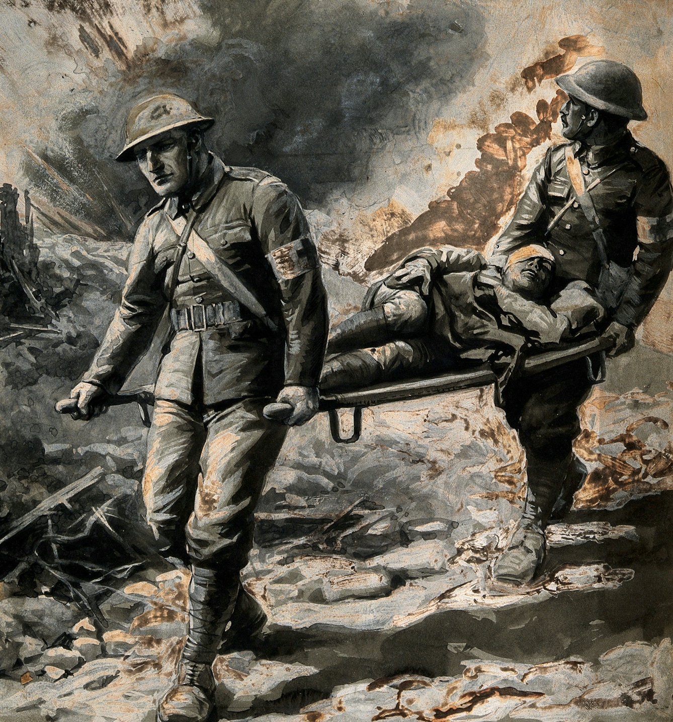 Colour painting showing two stretcher bearers removing a wounded man under fire, all in military dress.