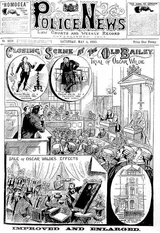 Black and white poster with the heading 'Police News' and subhead 'Closing Scene at the Old Bailey'. The drawings depict a court scene with judge, lawyers and Oscar Wilde in the docks