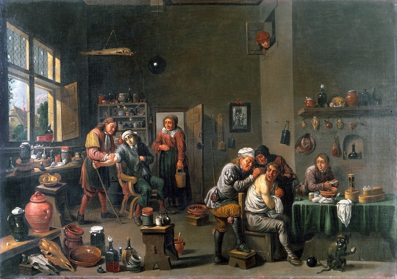 Image of an oil painting showing a large dark room with lots of containers strewn around. Two men are having blood-letting.