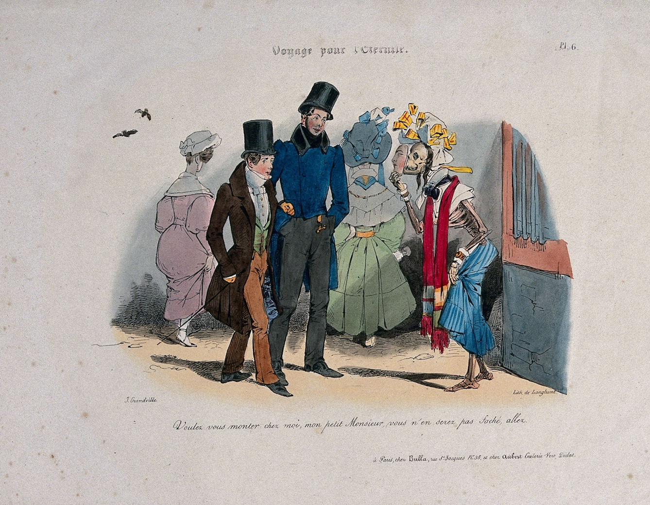 Two young men are approached by a prostitute: she is a clothed skeleton holding a made-up mask in front of her face, representing syphilis. Lithograph by J.J. Grandville, 1830