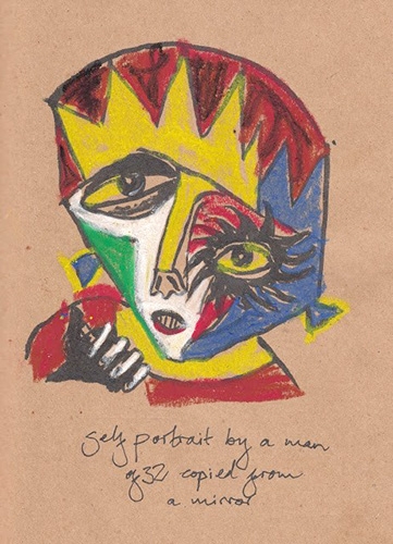 A brightly coloured sketch of a distorted human face.