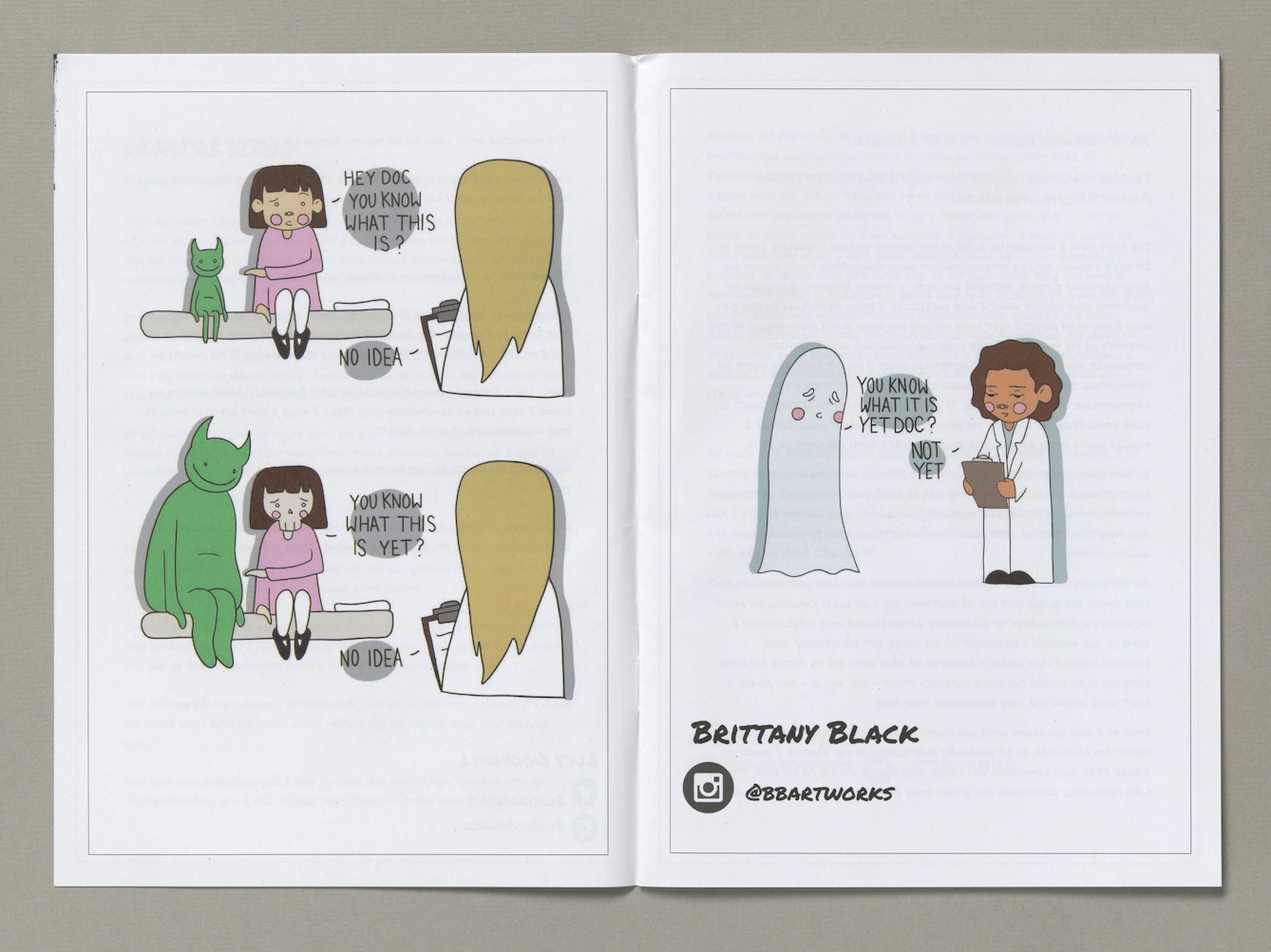 A two-page comic style spread from a zine showing a young woman with a green horned creature sitting next to her in a doctor's surgery, A white-coated doctor stands infront of her as she waits for a diagnosis. In the three successive scenes she gets progressively older until she turnes into a ghost, still asking what her diagnosis is. 