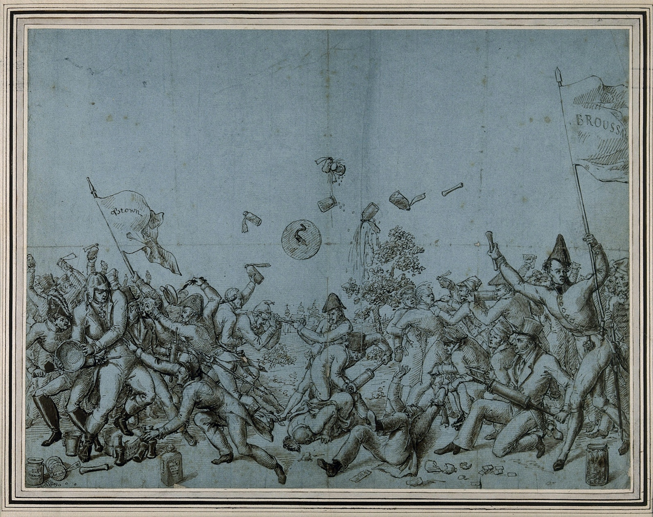 Pen-and-ink drawing showing people wearing 18th-century clothes in a battle between the rival partisans of Brown (on the left, believed in using opium and alcohol to treat patients and therefore surrounded by bottles) and Broussais (on the right, believed in bleeding patients and purging so are carrying enema canisters): they are identified by military standards (flags) inscribed “Brown” (left) and “Broussai”. Various foul play is happening, including a forced enema in the centre, and someone being grabbed around the head by some forceps, centre left.