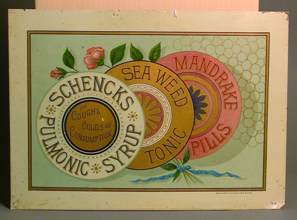 A promotional sign for Schenk's patent medicine products: pulmonic syrup, sea weed tonic and mandrake pills consisting of three circular logos on a pale greeen background with a bunch of pink roses.