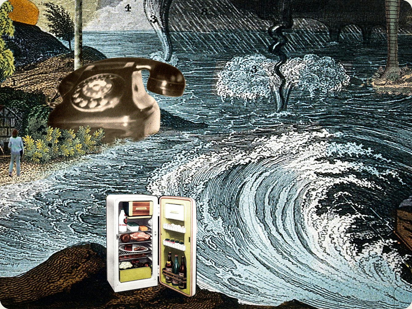 Artwork using collage. The collaged elements are made up of archive material which includes vintage and contemporary photographs, etchings, painted illustrations, lithographic prints and line drawings. This artwork depicts a scene from a costal landscape. The background is an expanse of ocean which meets a sandy shoreline. At sea can be seen stormy weather with tornadoes, and dark clouds. On the shoreline trees rise up. Peppering the shore are a rotary telephone, a telegraph pole and a small wooden house. Along the foreground is an open refrigerator containing food.