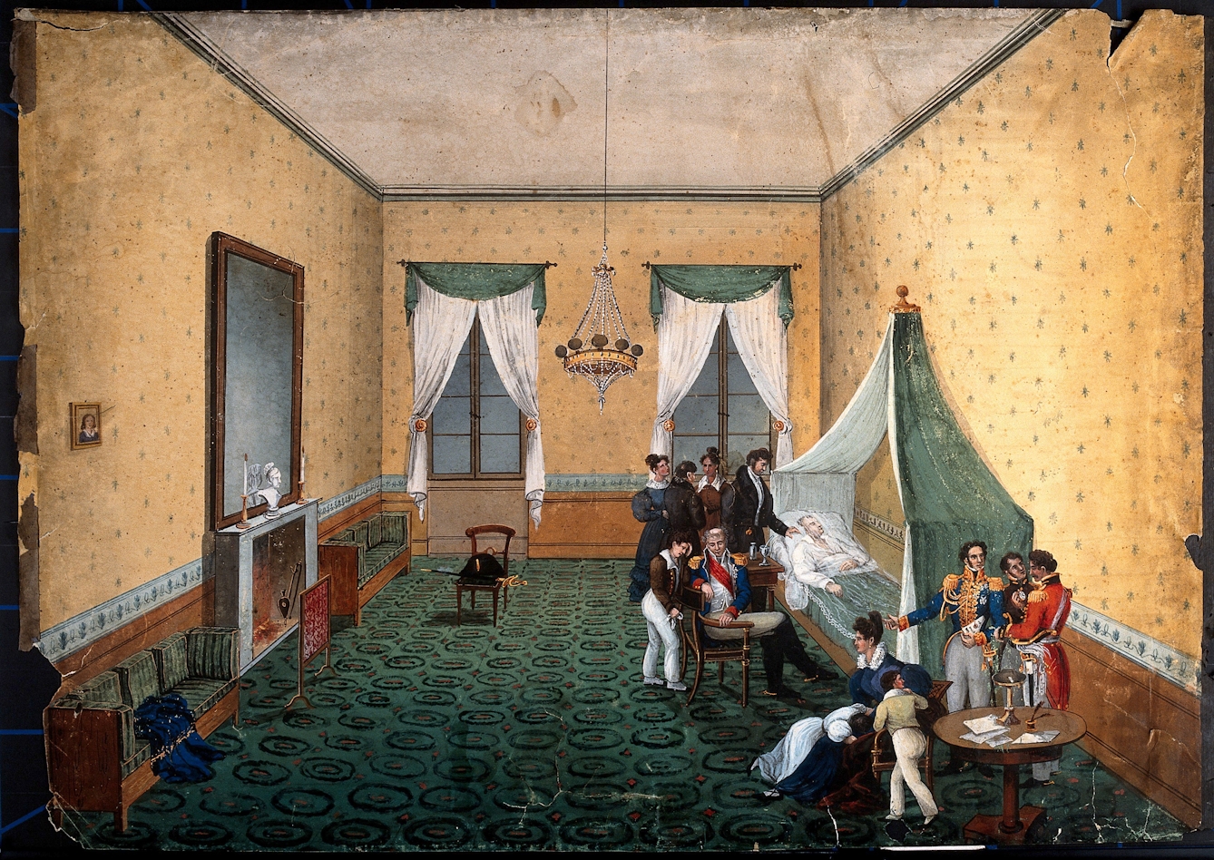 Watercolour showing the interior of a grand bedroom, with a dying man in bed being attended by several men and women.