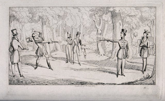 An 1800s etching of two men duelling with pistols in a woodland setting. One of the men appears to be wounded, his head is thrown back and his top hat has fallen off. Several figures are watching the scene. 