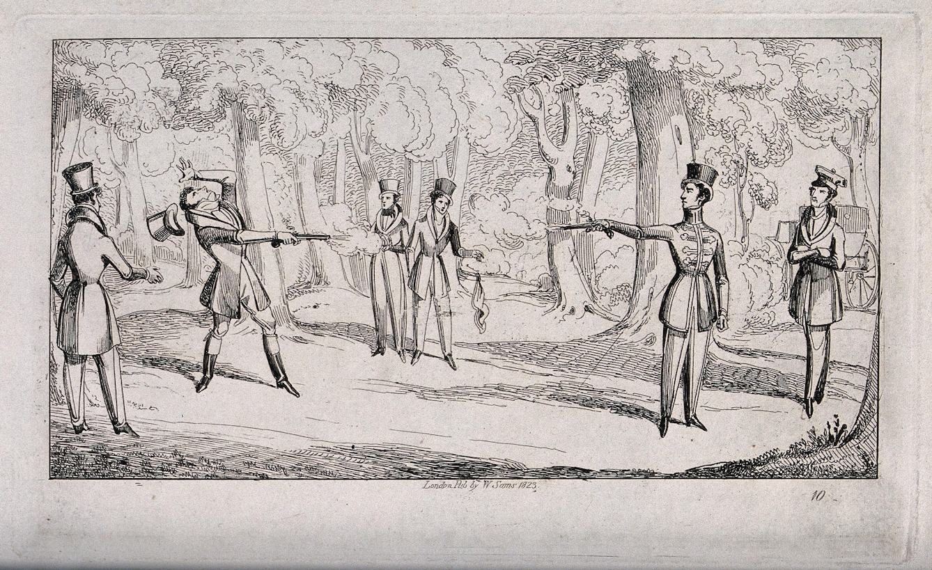 An 1800s etching of two men duelling with pistols in a woodland setting. One of the men appears to be wounded, his head is thrown back and his top hat has fallen off. Several figures are watching the scene. 