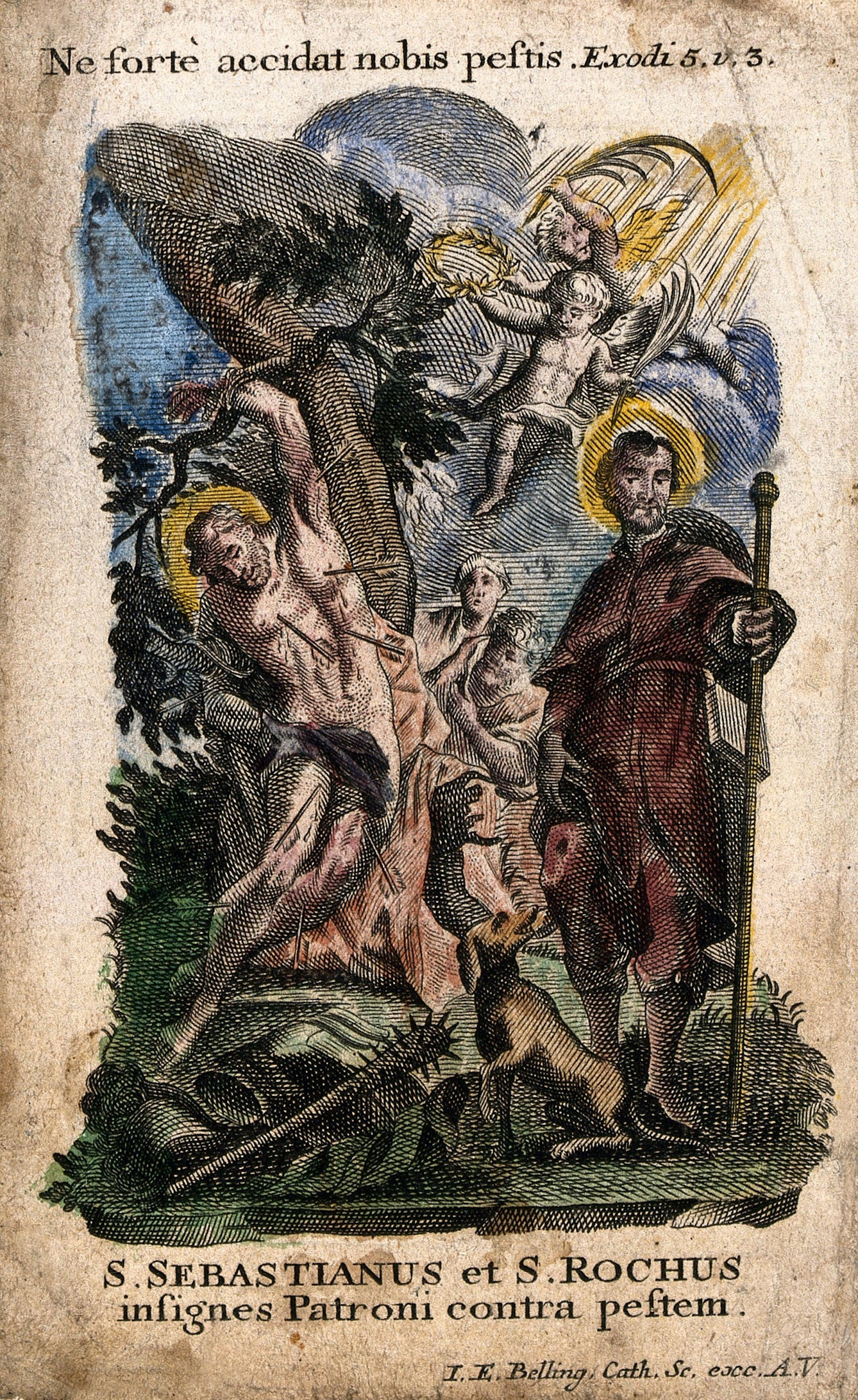 Coloured engraving showing St Sebastian, tied to a tree and shot full of arrows, and St Roch, with a dog and a staff. Each has a halo and above them are putti bearing laurel wreaths. Behind the tree, two ailing people lean and peer out towards the saints. 