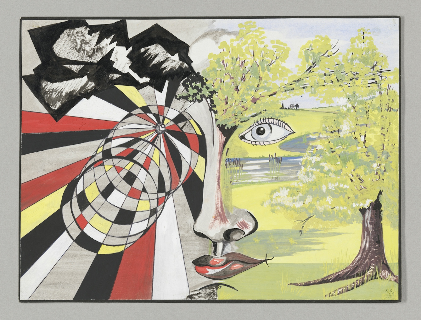 The right half of the image is a serene pale green landscape of trees and a flowing stream with rushes. Emerging from this in the centre of the painting is a wonan's face with an eye floating in the landscape and a nose and mouth forming form the trunk of a tree. The left of the painting is a graphic mattern of chequered circles and radiating lines in red, yellow, plack and grey. 