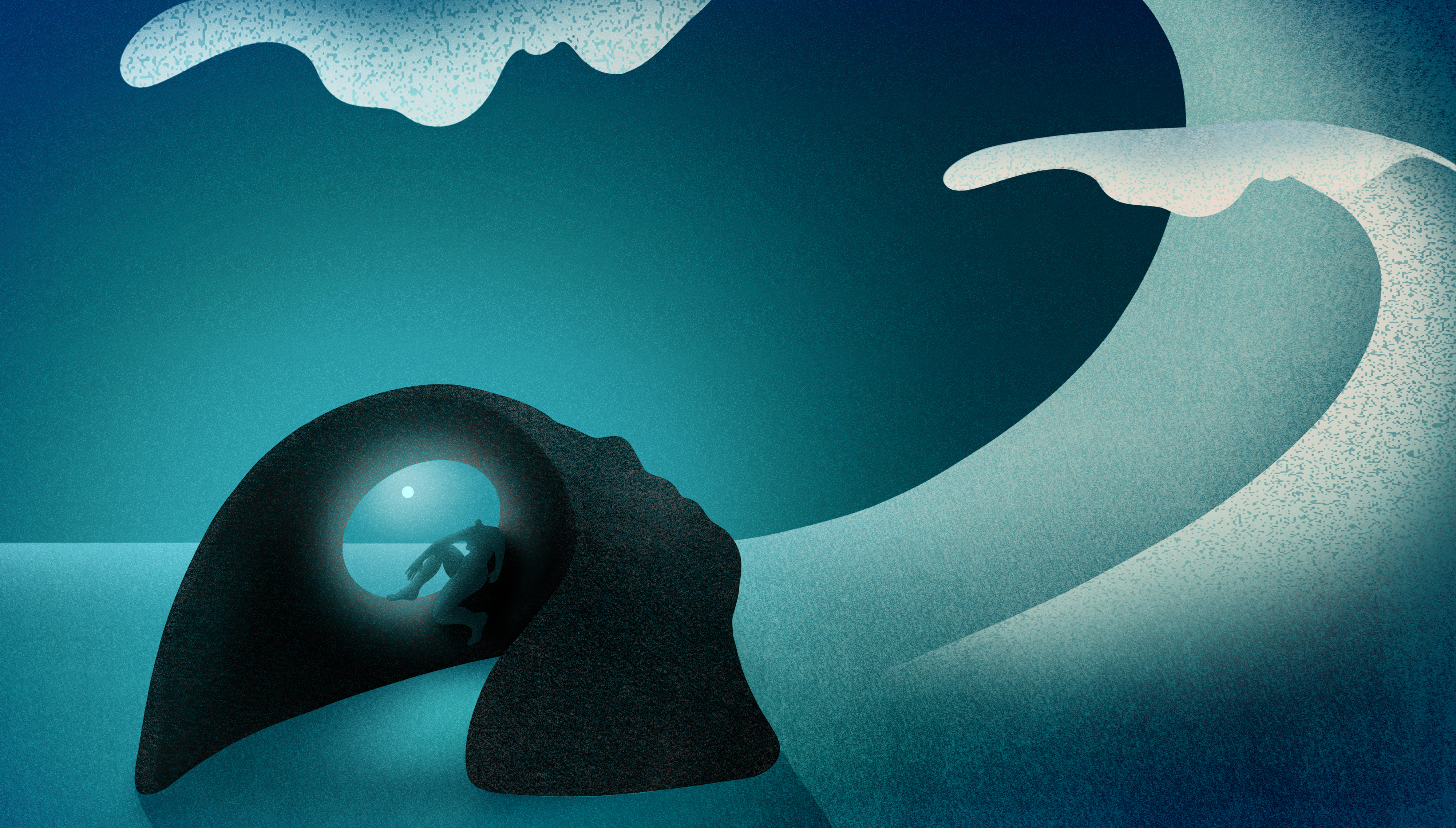 Digital abstract artwork showing a seascape with a small rock island in the foreground whose shape resembles the profile of a human head. The eye socket translates as a hole through which the horizon and the moon can be seen. Sat in the eye socket is a small human figure, hunched over, head bowed. To the right of the island two large wave are surging though the sky, about to crash down on the figure. The overall hues are blues and blacks.