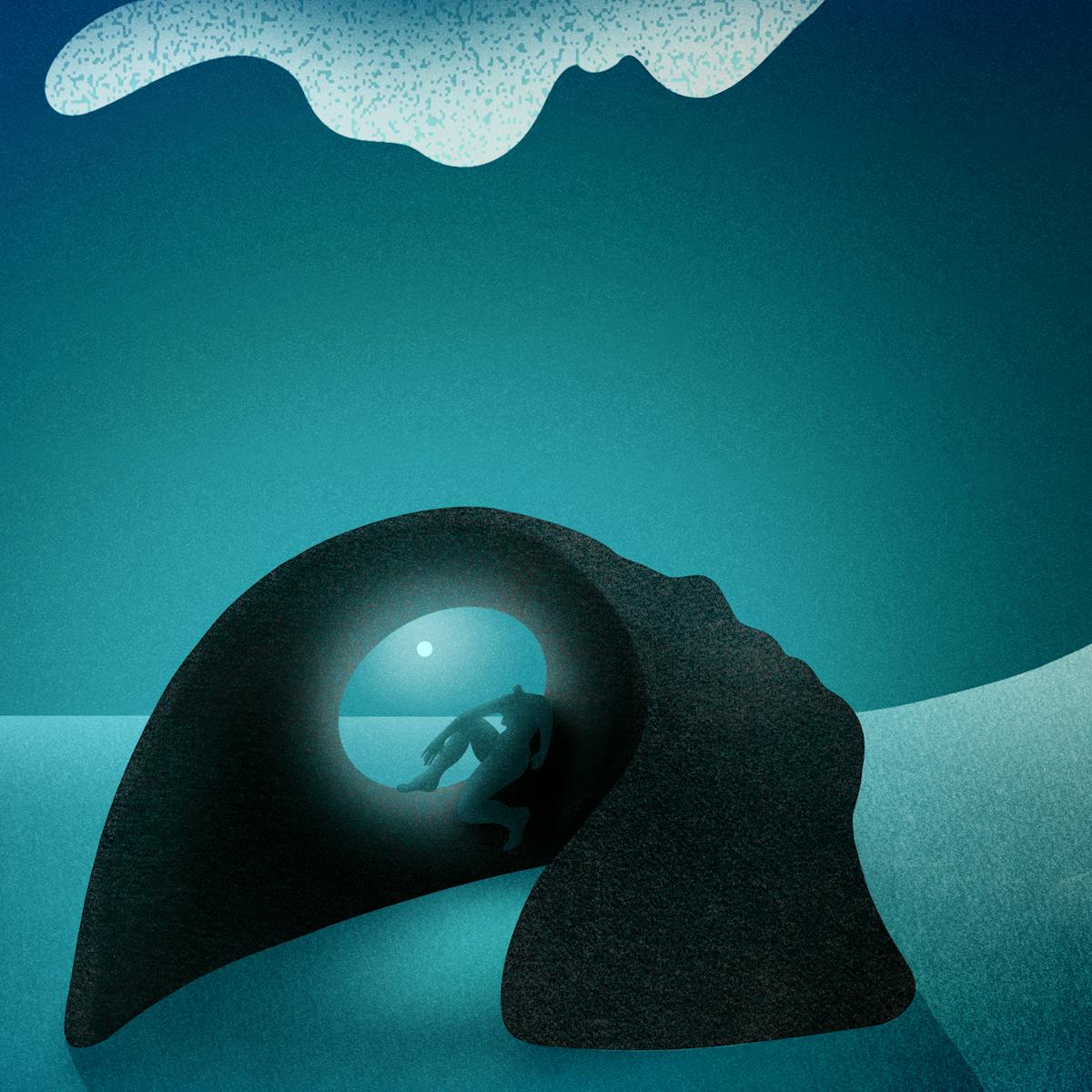 Digital abstract artwork showing a seascape with a small rock island in the foreground whose shape resembles the profile of a human head. The eye socket translates as a hole through which the horizon and the moon can be seen. Sat in the eye socket is a small human figure, hunched over, head bowed. To the right of the island two large wave are surging though the sky, about to crash down on the figure. The overall hues are blues and blacks.