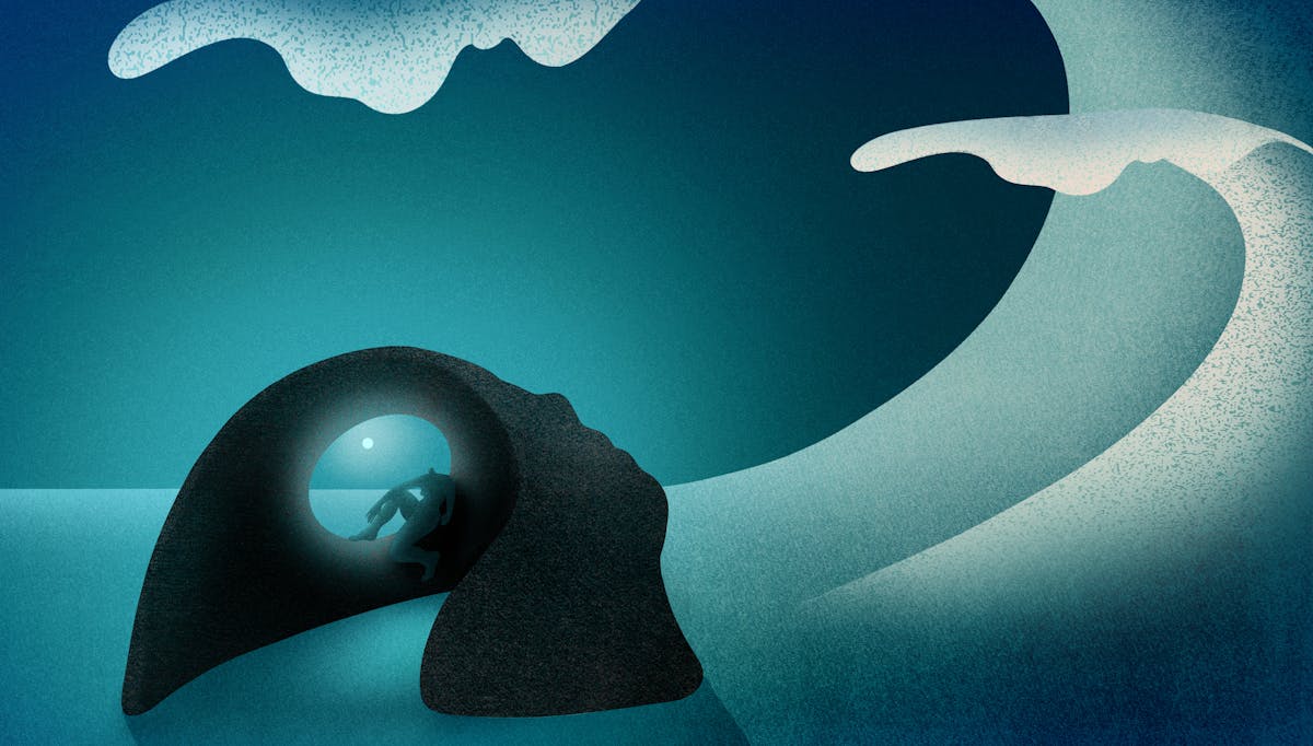 Digital abstract artwork showing a seascape with a small rock island in the foreground whose shape resembles the profile of a human head. The eye socket translates as a hole through which the horizon and the moon can be seen. Sat in the eye socket is a small human figure, hunched over, head bowed. To the right of the island two large wave are surging though the sky, about to crash down on the figure. The overall hues are blues and blacks.