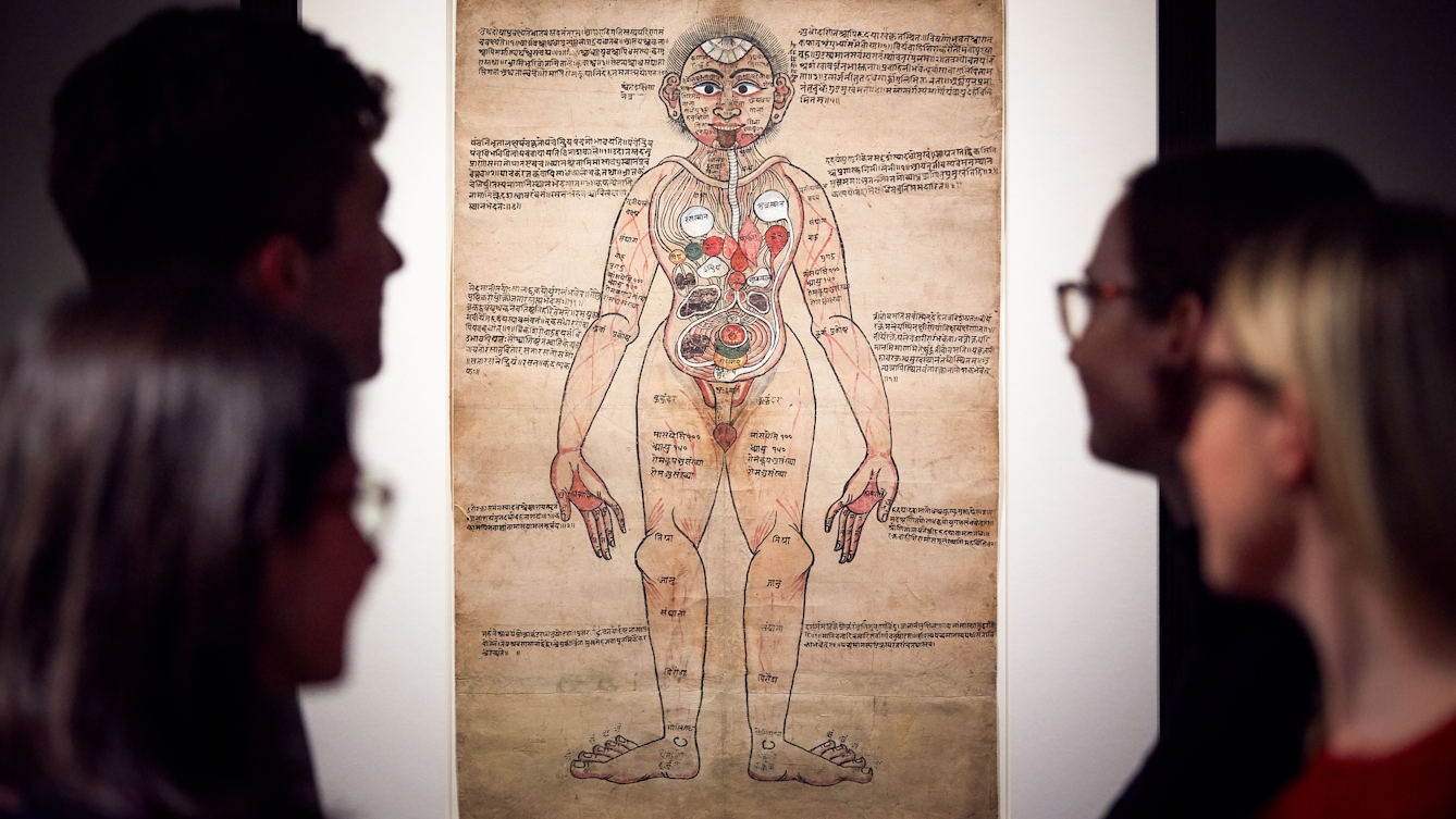 Photograph of visitors exploring the exhibition, Ayurvedic Man: Encounters with Indian medicine at Wellcome Collection.