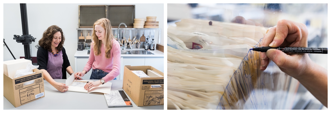 Photographic diptych. The image on the left shows two individuals stood behind a large grey table working together to place a sketchbook into a protective card folder. Beside them are boxes containing more sketchbooks and behind them is a sink in a conservation lab. The image on the right shows a close up of hand holding a black marker pen. The hand is tracing the outline of an open scrapbook onto a sheet of transparent acetate.