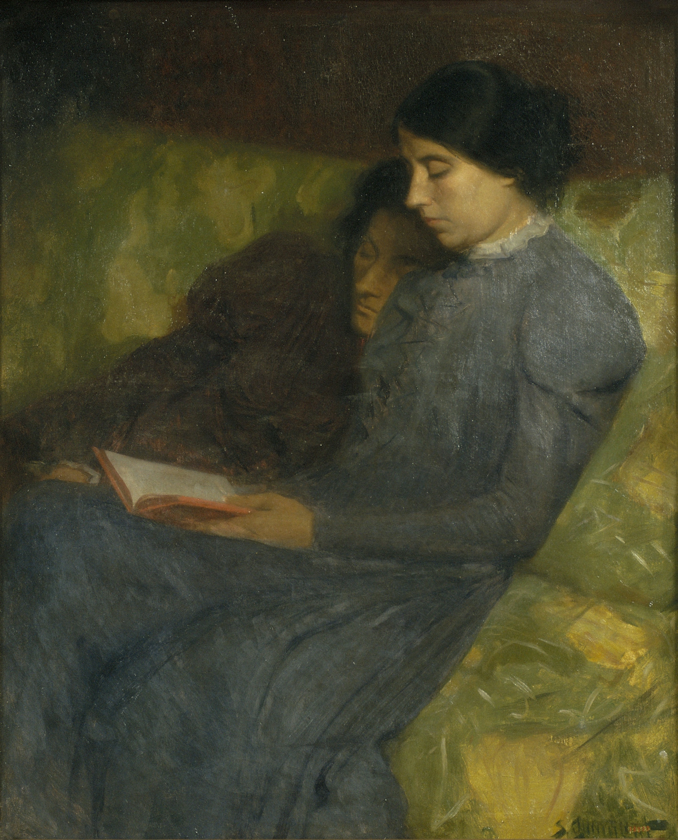 Oil painting depicting two women in long-sleeved long-skirted dark dresses sitting on a floral seat and leaning against each other and reading a book. 
