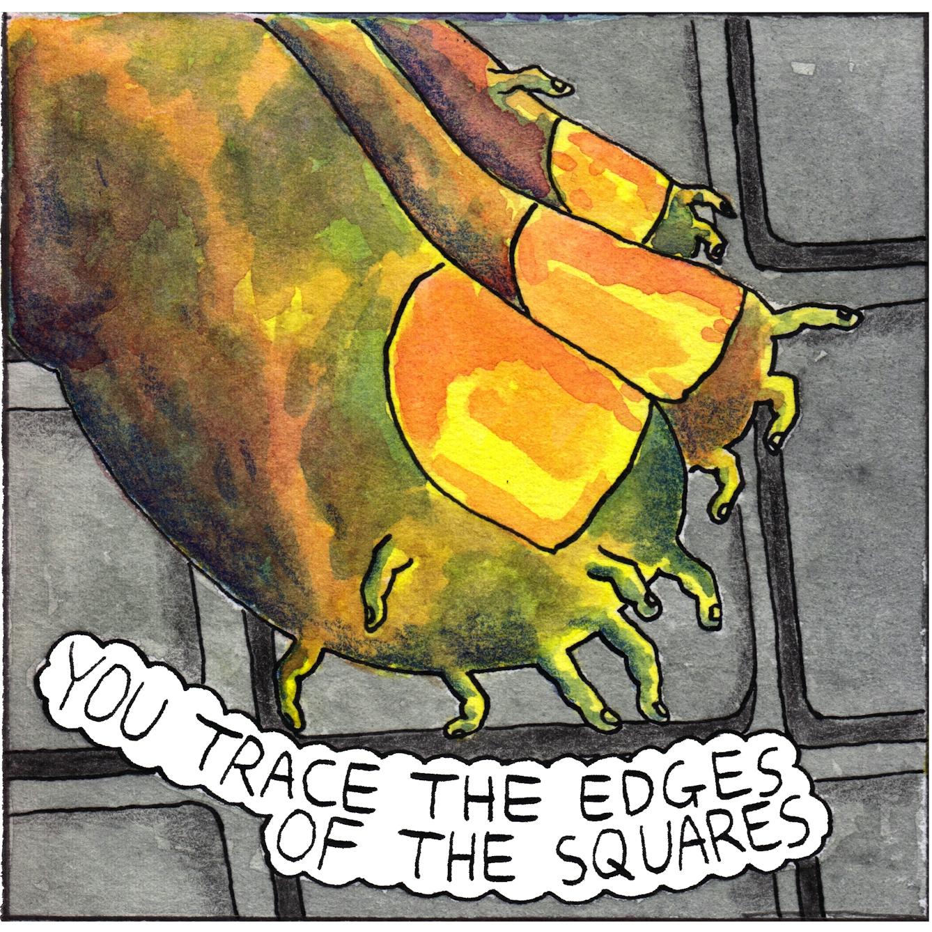 Panel three of the webcomic 'Doing emails' shows a close-up of three fingers poised over the keys of a keyboard. Tiny additional fingers, complete with fingernails, sprout from each of the three large fingers. The tiny fingers reach out like plant tendrils in different directions exploring the keyboard. The text bubble under the fingers says: "you trace the edges of the squares"
