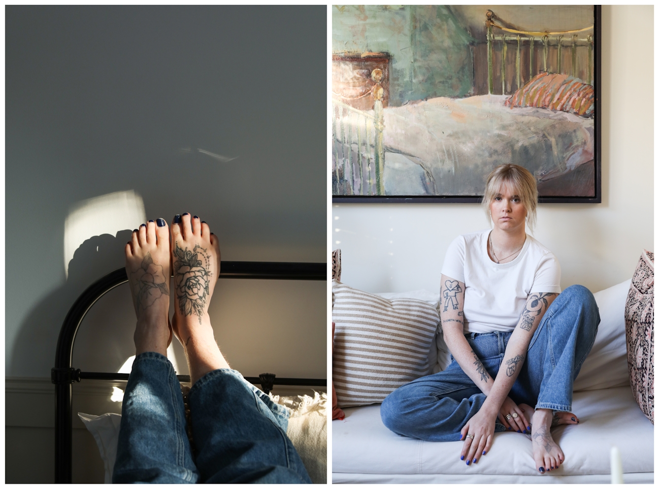 Photographic diptych. The image on the left show a woman's bare feet resting side by side against the metal frame of a bed. On the tops of both feet are floral tattoos and her toenails have been painted black. She is wearing blue jeans, visible from the knee down. A shaft of sunlight travels from right to left, bathing her feet in light. The image on the right shows the same young woman, but this time she is sat on a sofa, legs bent, resting on the sofa too. She is looking straight to camera with a direct and engaging expression. Behind her is a large painting of a bedroom scene including a metal framed bed. Her arms and feet show several tattoos.
