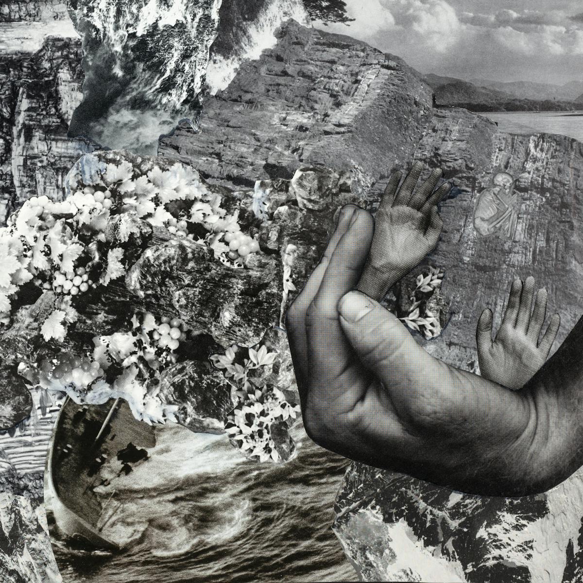 Photographic collage using images cut out from magazines and books. The scene depicts a complex and confusing image. To the left side, a sea of arms making fists all stick out horizontally. To the left side a large hand enters the image cradling two more hands which are held out as if asking for help. Behind these hands, against a cliff face a small skeleton can be seen in the foetal position. The centre of the frame contains fragments of fruit, rock faces, foliage and the bow of a ship ploughing through water. The overall tones of the collage are monotone, blacks, whites and greys.