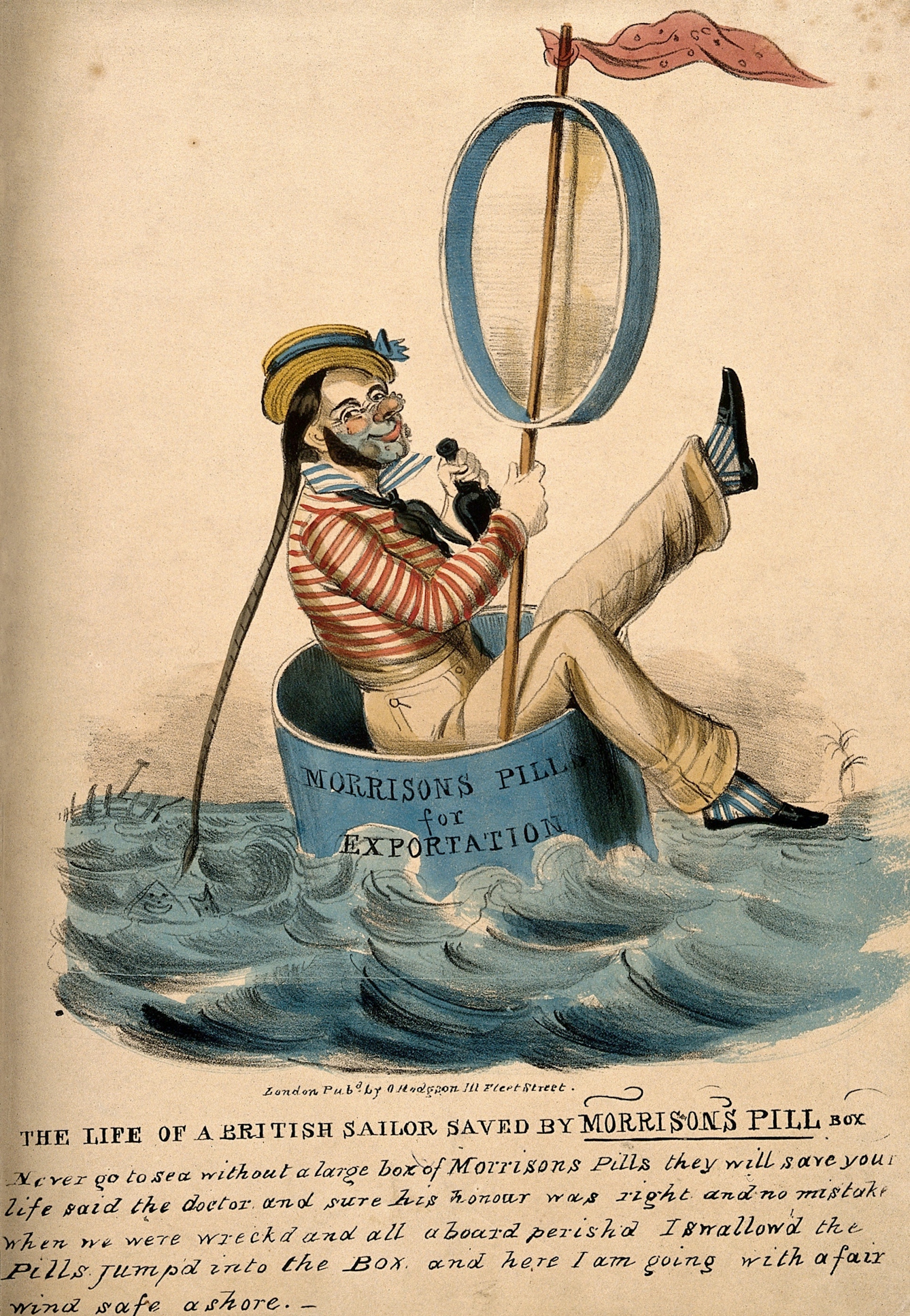A sailor happily sailing in a giant box labelled "Morrison's Pills for Exportation"