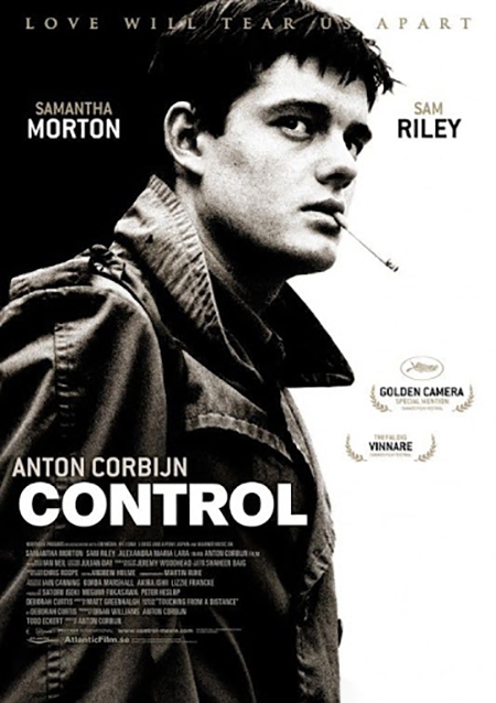 Publicity poster for the film Control directed by Anton Corbijn featuring Sam Riley with a cigarette hanging from his lips