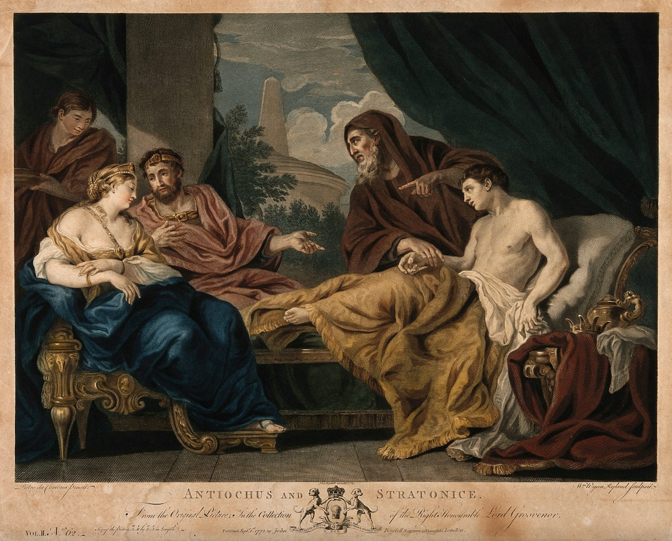 Etching painted in watercolours depicting the physician Erasistratus taking the pulse of a shirtless Antiochus, who is lying on a daybed gazing towards Stratonice. The doctor points at her to indicate that lovesickness for her is the cause of Antiochus' poor health. 