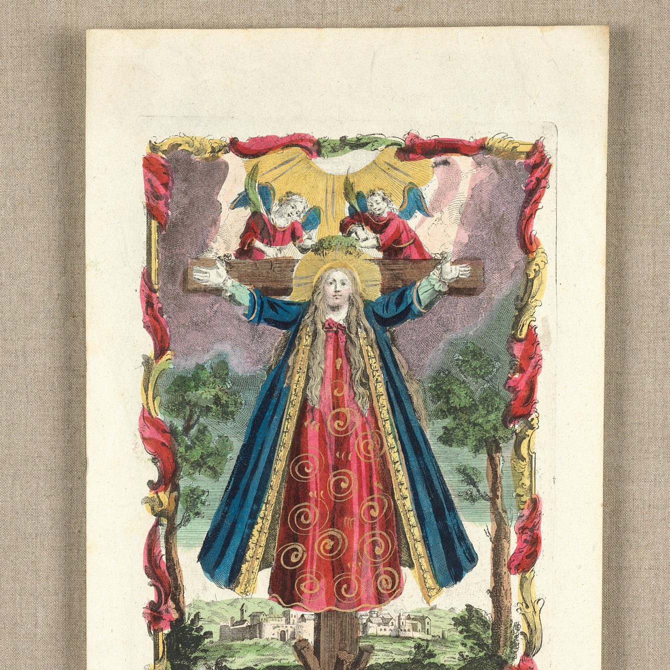 Coloured etching of woman on a cross