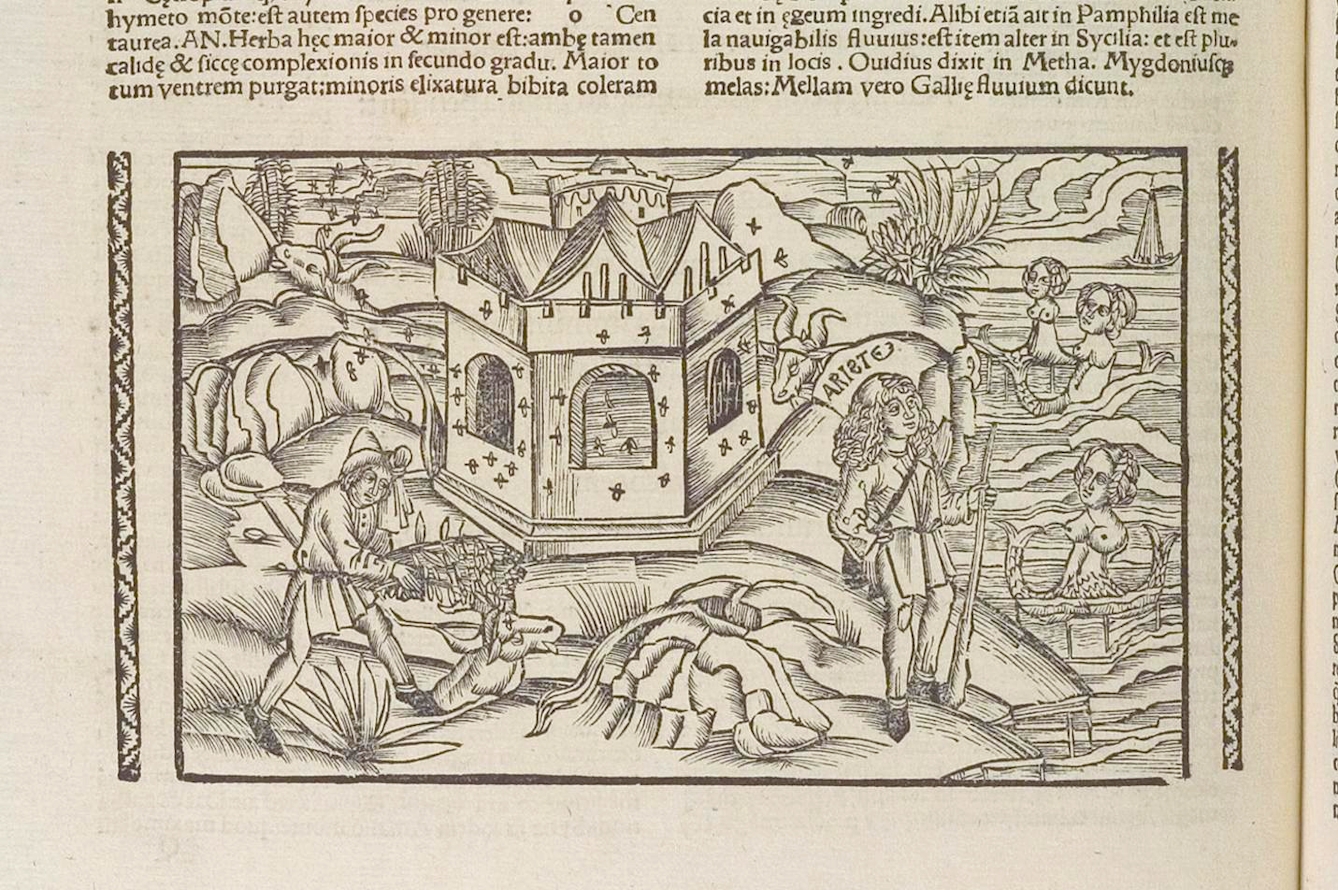 Image from a page from Book four of Georgics by Virgil, in a collected works published 1502 in Strasbourg. The printed text is in Latin. At the bottom of the page is a woodblock print of the Greek myth of Aristaeus and the sacrifice of cattle in order to generate a new swarm of bees.