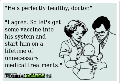 A parent discusses vaccination with a doctor in a satirical e-card