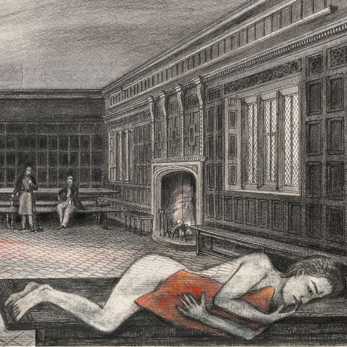 Pencil artwork drawn over an engraving depicting a wooden panelled room with two men in the distance looking towards an unclothed woman lying on her side on a table, clutching a pillow to her front. The whole scene is black and white apart from the pillow and the rays of light streaming in through a window which are tinted red.