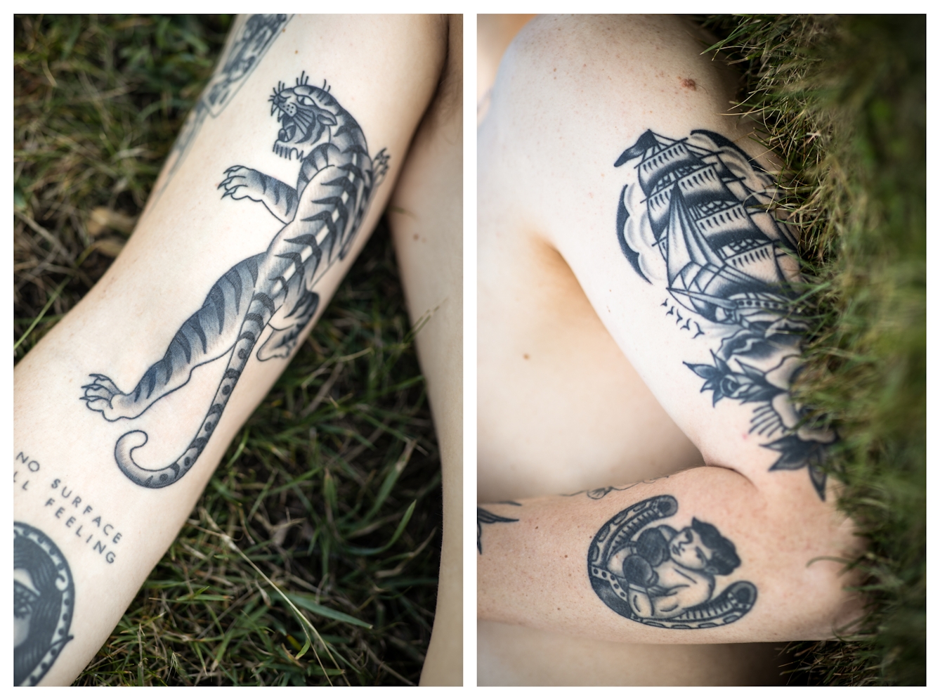 Photographic diptych. Both images show a close-up view of a naked man's tattooed upper body. He is lying on a grass lawn. The image on the left shows the bicep of his right arm on which is a large tattoo of a tiger, teeth bared. The image on the right shows the bicep and upper forearm of his left arm. Over his bicep is a large tattoo of a masted tall ship and on his forearm is a tattoo of a gloved boxer resting inside a large horseshoe.