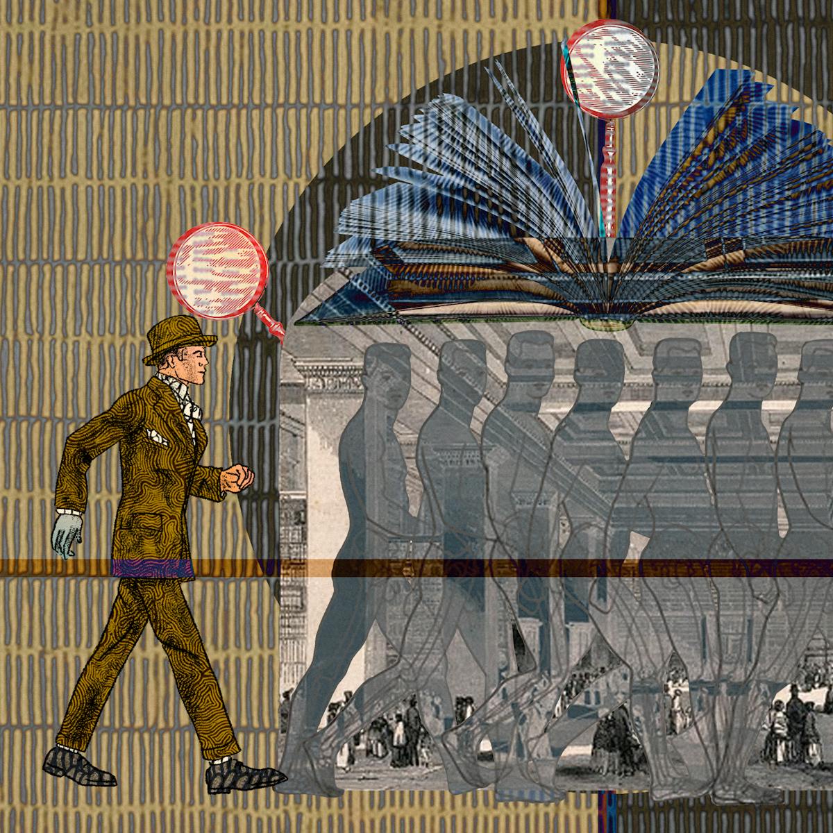 An abstract digital illustration depicting a young Victorian man walking into the entrance of a library and being transformed into an ill looking, tired and diseased old man. In the background is an archive image of a place of learning, decorated with magnifying glasses as ornaments and open book forming an arch overhead.