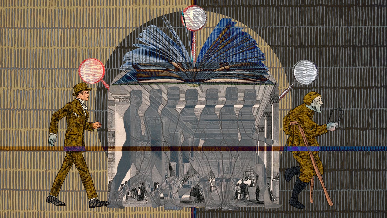 An abstract digital illustration depicting a young Victorian man walking into the entrance of a library and being transformed into an ill looking, tired and diseased old man. In the background is an archive image of a place of learning, decorated with magnifying glasses as ornaments and open book forming an arch overhead.