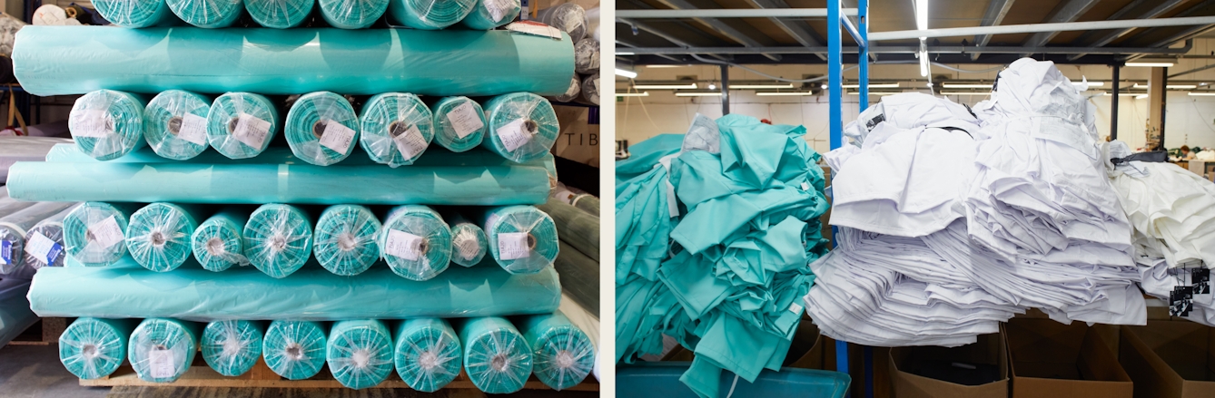 Photographic diptych. The image on the left shows stacked rolls of medical grade fabric in a light green colour. The image on the right shows stacks of part made green medical scrubs next to a pile of chef's whites.