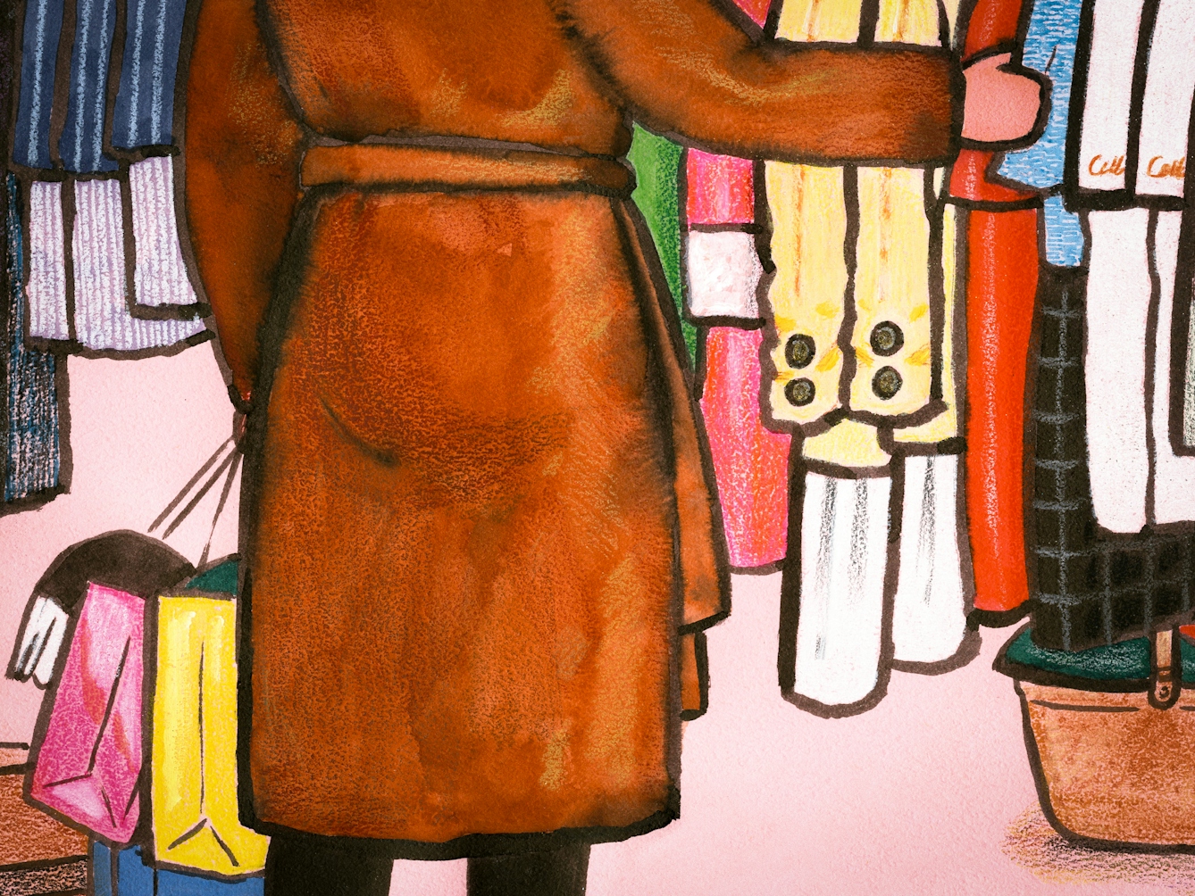 Detail from a larger colour hand drawn artwork showing a clothing market scene. Several people are depicted from the shoulders down, excluding their faces. The people who are carrying shopping bags, are browsing clothing which is hanging from a rail. On the floor are several pairs of shoes and bags and boxes.