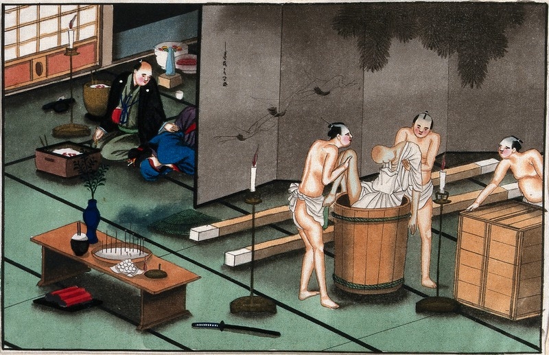 Ink drawing of Japanese men holding a corpse in a barrel surrounded with incense sticks