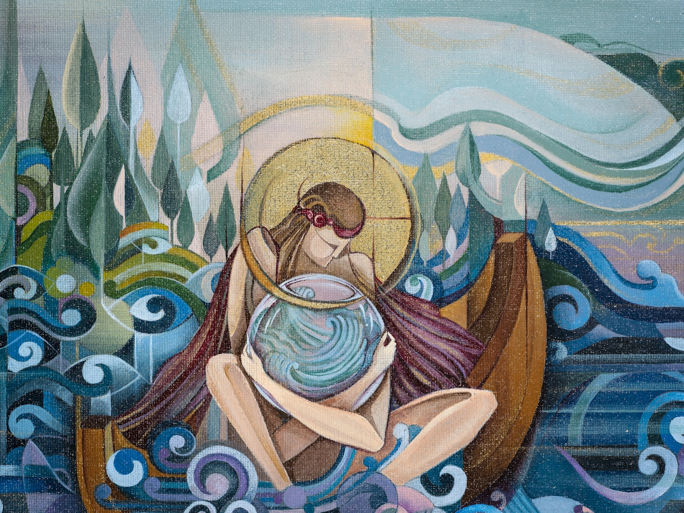 Artwork in acrylic paint on canvas showing a stylistic portrayal of a woman sat cross legged in a wooden boat surrounded by swirling water. She is clutching a globe-like shape in her arms and her head is bowed. She seems to have golden halo around her head. Behind her in the distance are the green shapes of land and trees, and a sun setting over the watery horizon.