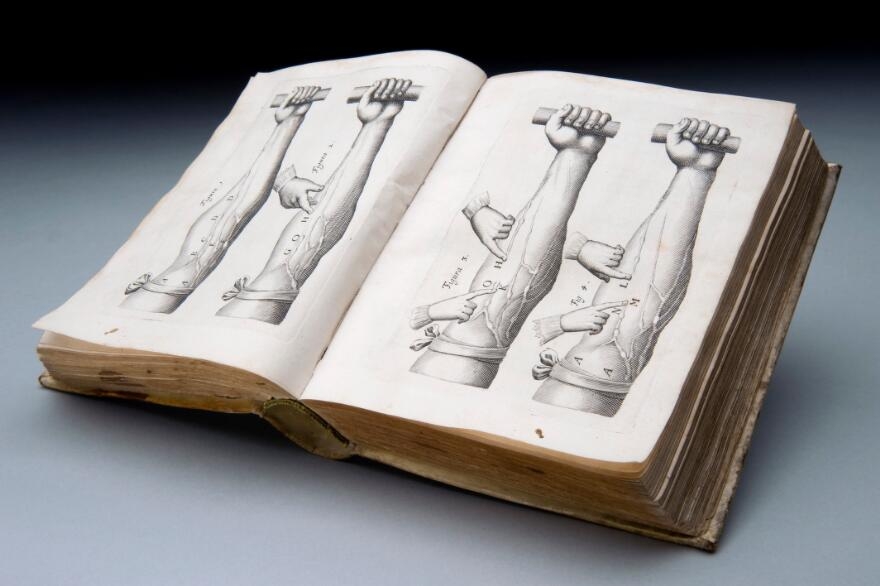 Photograph of an open hardback book resting on a grey surface. The two open pages of the book show four black and white drawings of a human forearm with the hand holding a bar. Another pair of hands are pressing specific points on the veins of the arms. The illustrations show experiments made on the veins to prove the presence of valves that permit blood flow in one direction only.