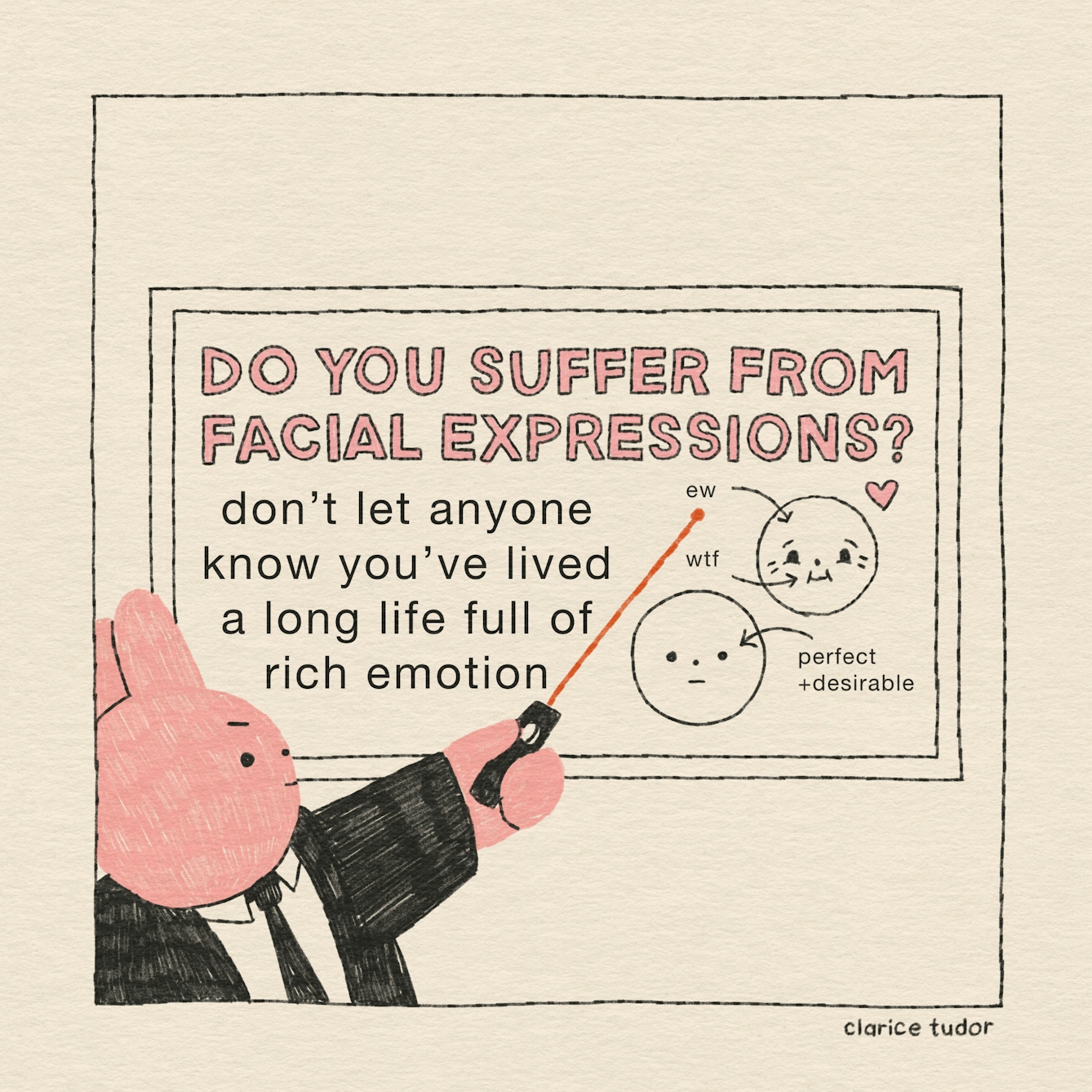 A pink rabbit in a black suit presents their idea for an advert on a billboard. It reads: “Do you suffer from facial expressions? Don’t let anyone know you’ve lived a long life full of rich emotion.” There are two faces on this advert: One is a smiling face with laugh lines. There are arrows pointing towards it saying ‘ew’ and ‘wtf’. There is another face with no emotion and no wrinkles. An arrow pointing towards it says: ‘perfect + desirable’. 