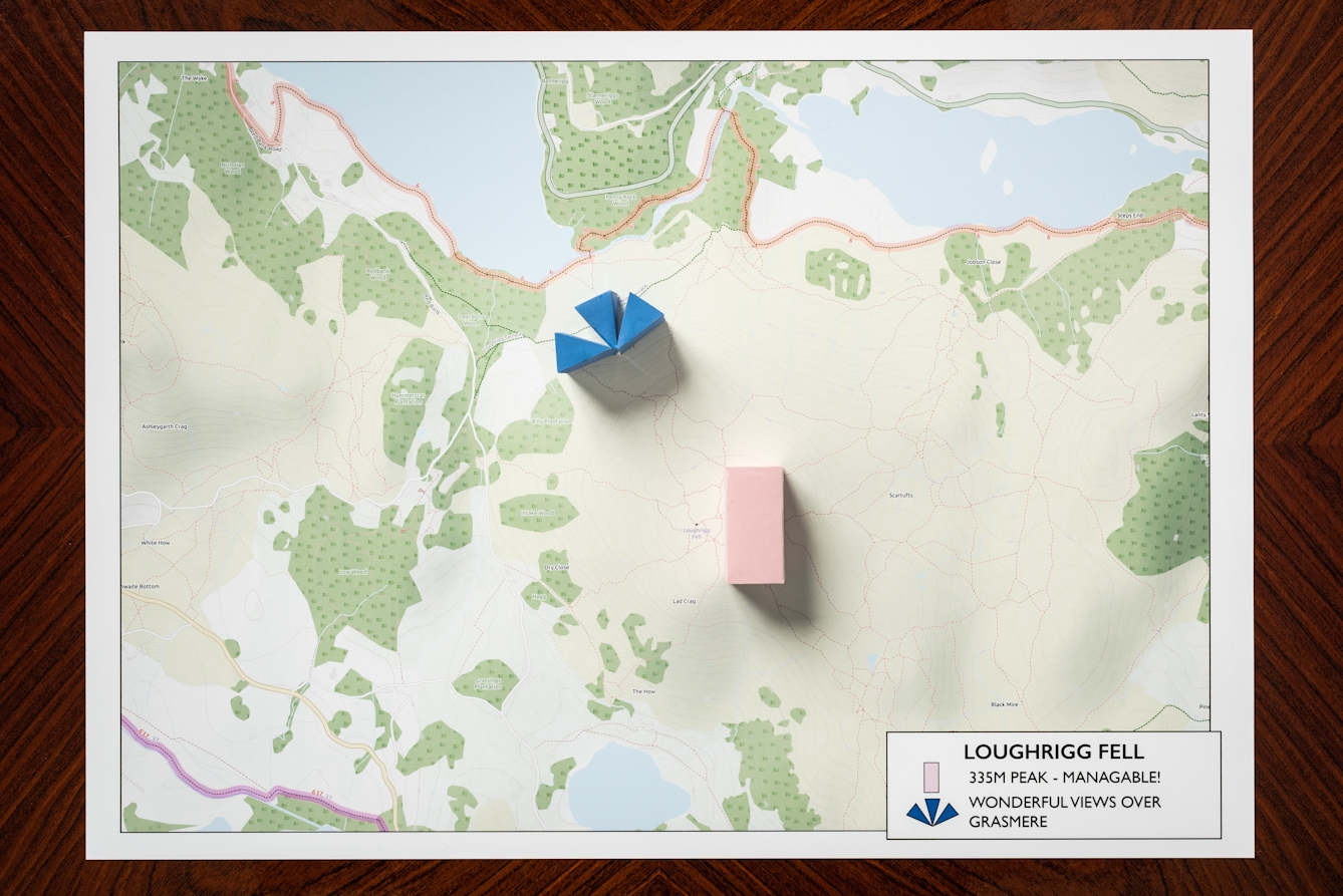 Photograph of a warm wood grained, polished tabletop from above. Resting on the table is a rectangular map showing roads, lakes, and the contours of hills. Resting on the map at strategic locations are two three dimensional shapes, a pink rectangle and blue fan shape made up of 3 triangles. To the bottom right of the map is a legend titled, 'Loughrigg Fell'. There is a key to the three dimensional shapes. The pink rectangle represents '335 pearl - manageable!'. The blue fan shape represents 'Wonderful views over Grasmere'.