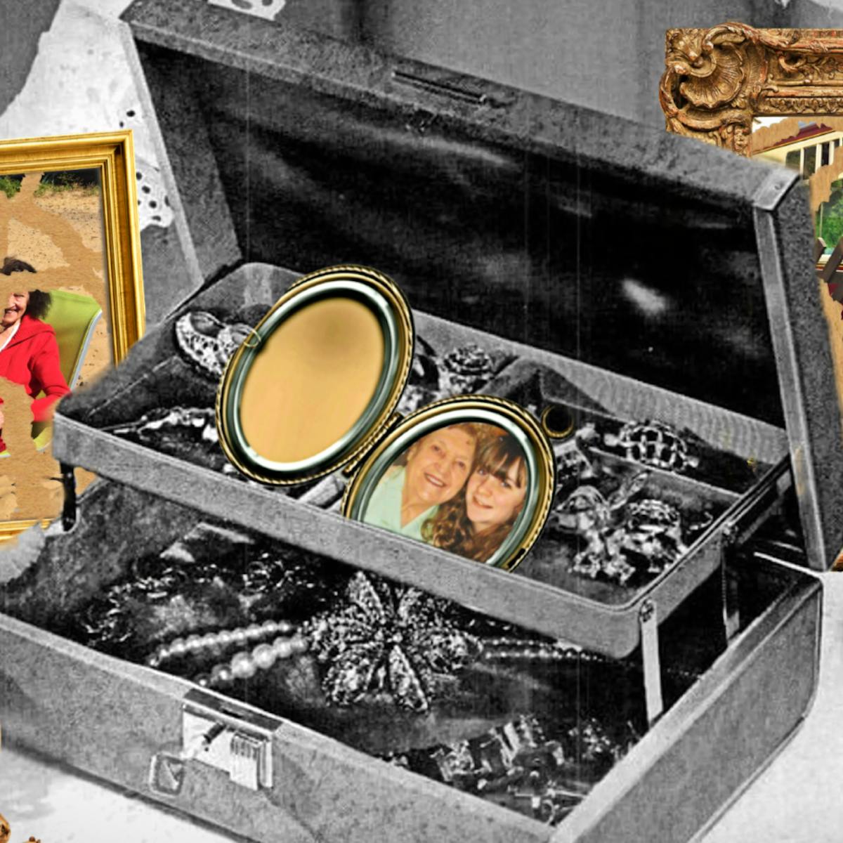 Colourful digital collage showing a black and white, two layer jewellery box stood open on a dresser with various jewels and pearls inside. On the top layer is an open locket necklace with a photo of an elderly woman and a younger woman smiling at the camera together. In front of the jewellery box is an open golden pocket watch, with the clock face blurred and distorted. There are two photos in ornate gold frames to the left and right of the central jewellery box. Each of the photos have large bits missing from them, and there are traces of missing photo in the shape of ripped up paper. The photo on the left shows an elderly woman and younger woman sat together smiling on deck chairs on a sandy beach. The photo on the right shows an elderly woman sitting down on a train platform whilst a younger woman hugs her from behind and smiles. There is a perfume bottle in front of the photo frame.  