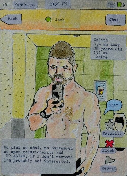 Watercolour and ink drawing of a bare chested man taking a photo of himself in a mirror.