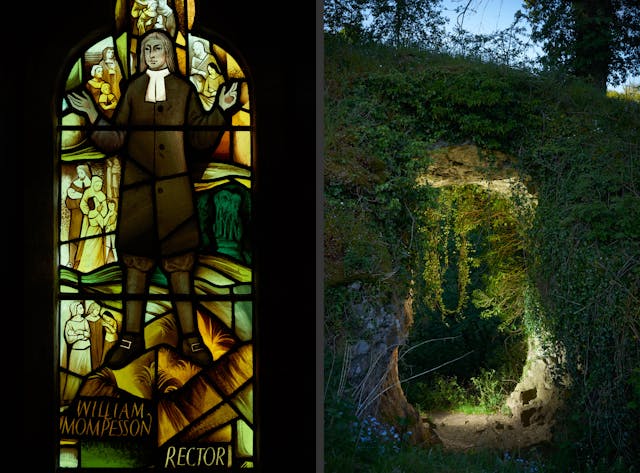 Photographic diptych showing on the left a modern stained glass windows in St Lawrence