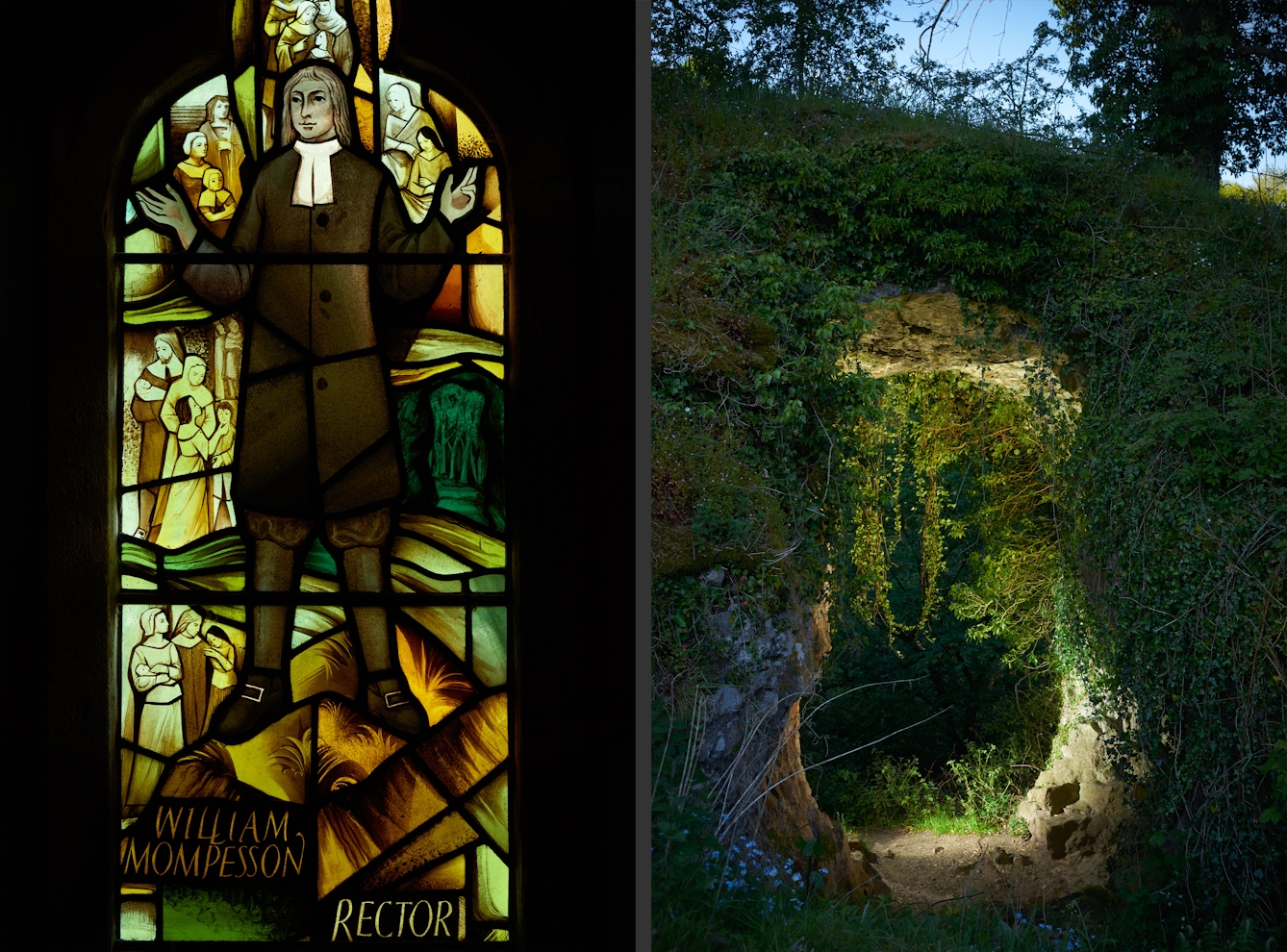 Photographic diptych showing on the left a modern stained glass windows in St Lawrence's Church in Eyam depicting scenes from the plague of 1665/6. On the right is a photograph of a natural rock arch covered in foliage, spotlit from within.